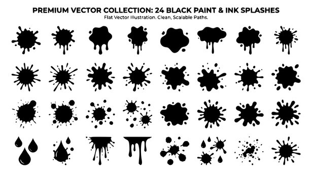 Black Paint Ink Splash Vector Collection with Splatter Blots Drops Grunge Stains and Abstract Liquid Illustration Set