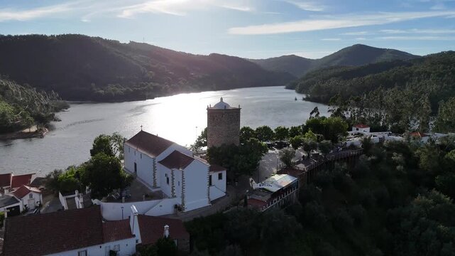 Close Drone Orbit Around the Sunlit Templar Tower in Dornes