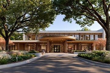 Naklejka premium Modern corporate office building exterior with sustainable architecture