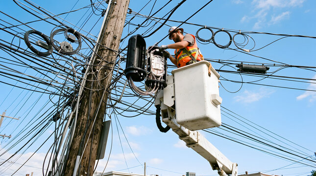 Professional utility worker in a bucket truck repairs complex overhead power and communication lines.
