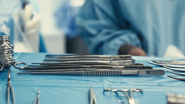 Sterile surgical instruments are arranged on a blue operating table while medical staff prepare for surgery in the background.
