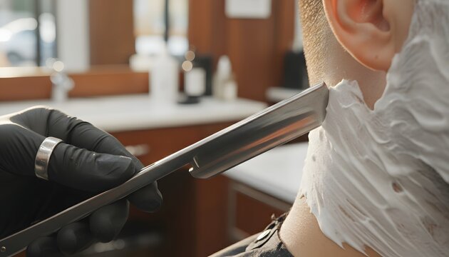Professional barber shaving neckline of a young client with a sharp straight razor in a modern barbershop for classic male grooming and personal care concept