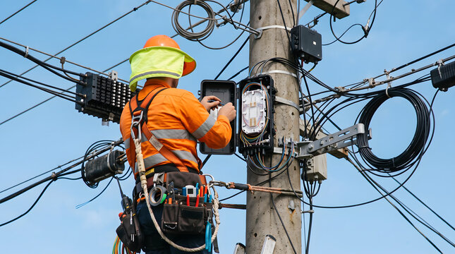 Telecommunications technician working on fiber optic cables on utility pole.