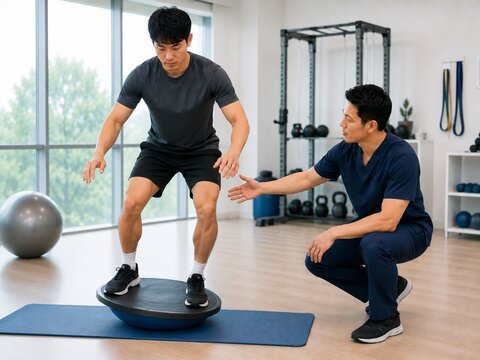 Athlete performing balance board training during knee rehabilitation with sports physical therapist