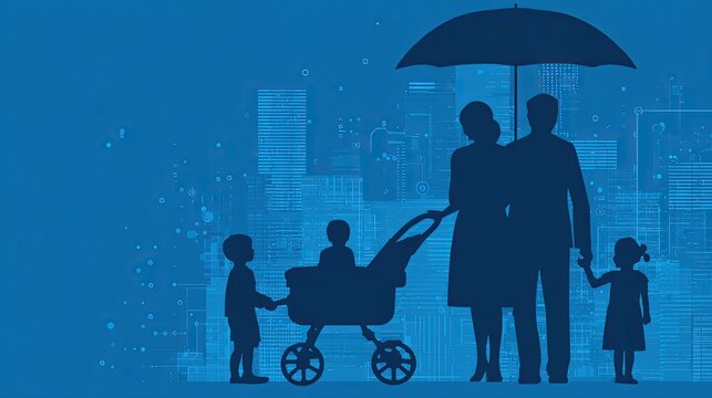 Binary code formed family figures under protective umbrella, night city background, cybersecurity personal data protection tech illustration