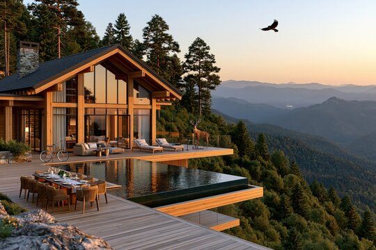 Luxury mountain chalet with infinity pool and panoramic forest view