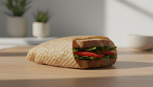 Fresh sandwich wrapped in a biodegradable lunch wrap placed on a wooden table for eco friendly zero waste lifestyle concept in bright modern kitchen lighting