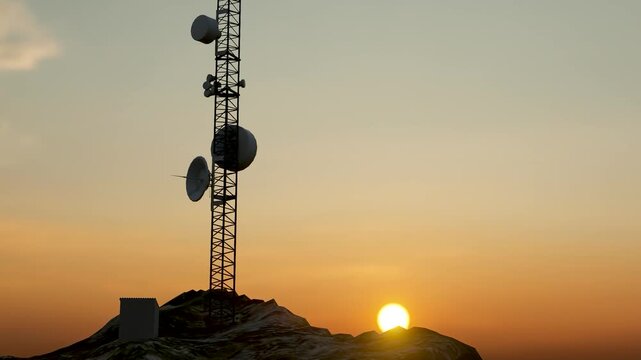 Communication transmission tower with satellite dishes, wireless radio broadcast telecom infrastructure