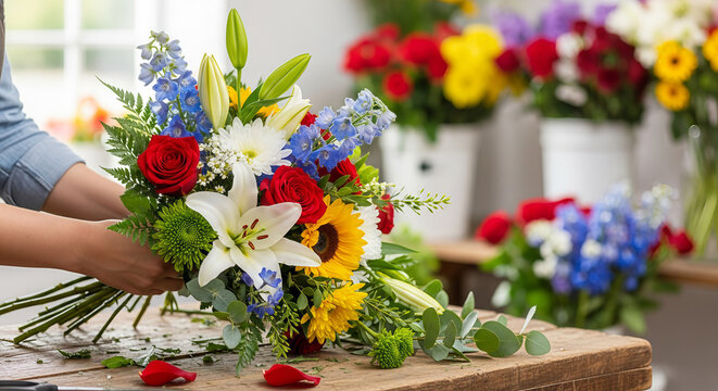 Florist Hands Arranging a Vibrant Mixed Flower Bouquet with Lilies Roses and Sunflowers