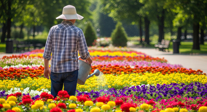 Man Watering Colorful Flower Beds with Zinc Watering Can in a Beautiful Public City Park Garden
