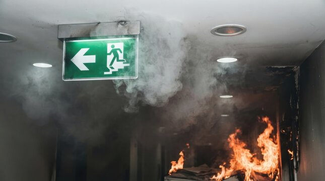 Emergency exit sign in a burning building with smoke and fire