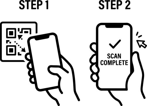 QR code scanning guide with smartphone two step process icon