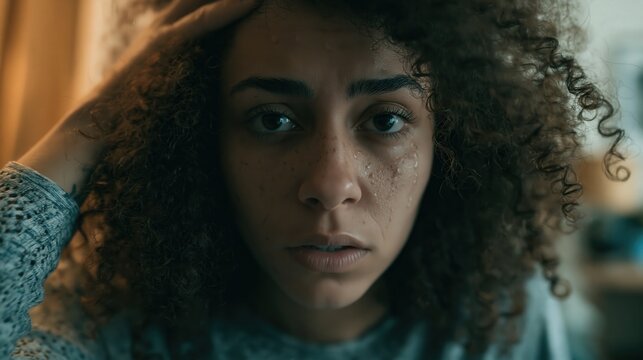 Woman with tears streaming down her face displays emotional distress.