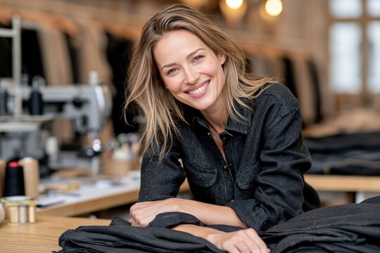 Smiling female fashion designer working in tailoring workshop studio