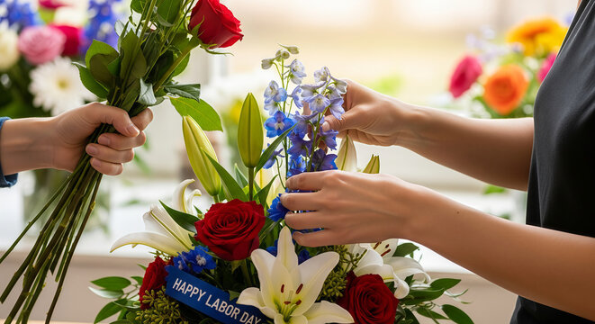 Florist Hands Arranging Red White and Blue Flower Bouquet 