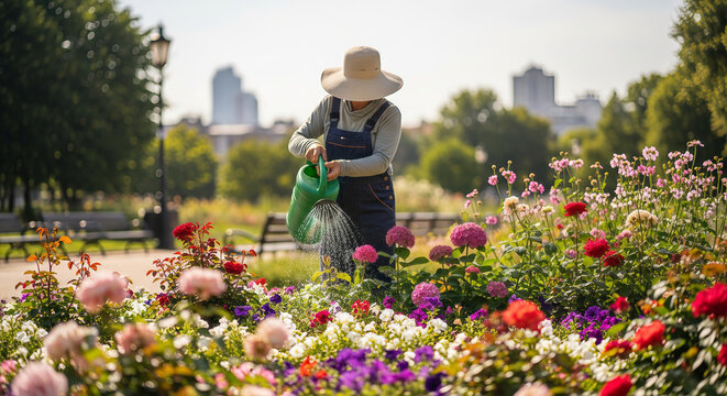Gardener Watering Vibrant Blooming Flower Beds 
