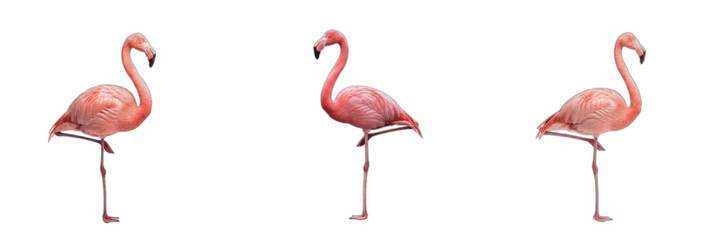 Set of three graceful pink flamingos standing on one leg isolated on white background, exotic tropical birds and wildlife stock PNG collection © laskhar