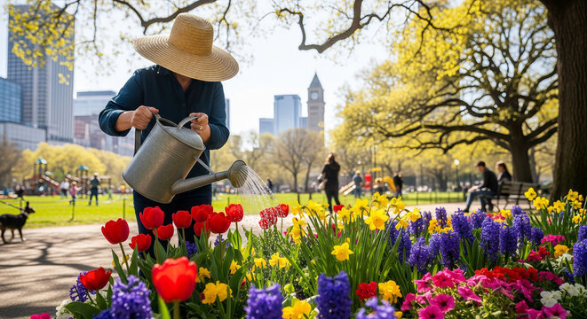 Woman in Straw Hat Watering Vibrant Spring Flowers in Urban City Park