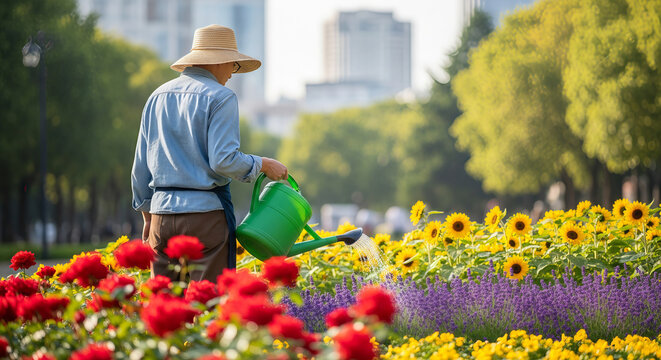 Senior Man in Straw Hat Watering Colorful Sunflowers and Roses in Urban City Park Garden at Sunset