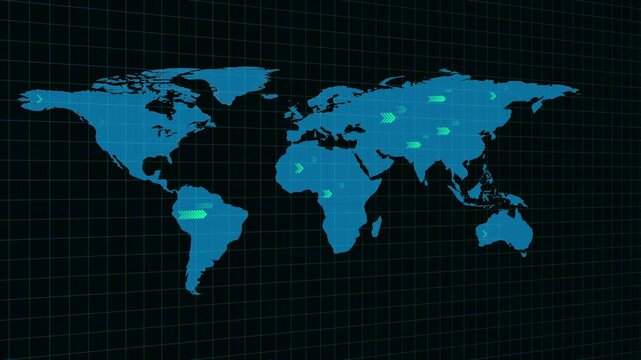 Blue world map globe animation displays green arrow navigation indicators. World map globe map overlay features dark grid line background. Globe animation loop is clean.