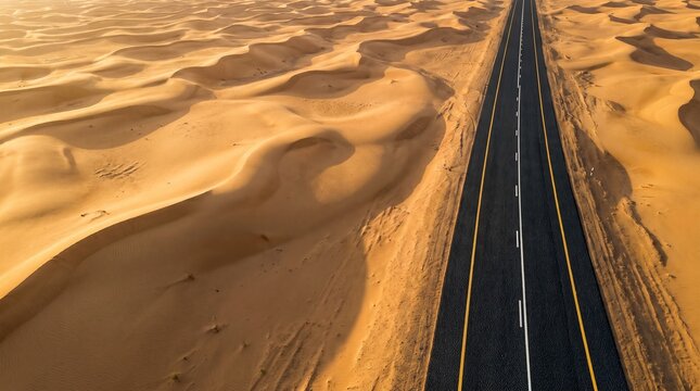 Aerial view of an empty asphalt road stretching through the vast, undulating sand dunes of a desert landscape at sunrise