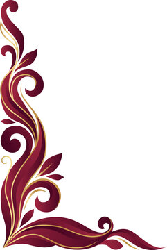 Elegant Maroon Gold Floral Corner Vector. Luxury Decorative Swirl Ornament for Invitations, Certificates, & Borders. Ornate Graphic Element.