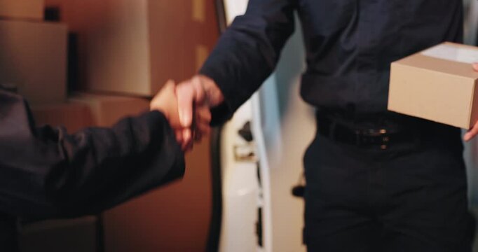 Handshake, delivery or customer with box for shipping, logistics or distribution service acceptance. Shaking hands, people or give package by courier van for order fulfillment, ecommerce or thank you