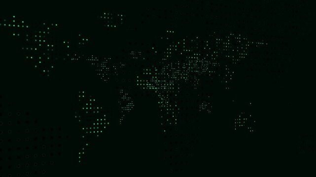 Global earth world map animation displays glowing green dot matrix. Earth world map global network interface features dark tech backdrops. World map animation is neat.