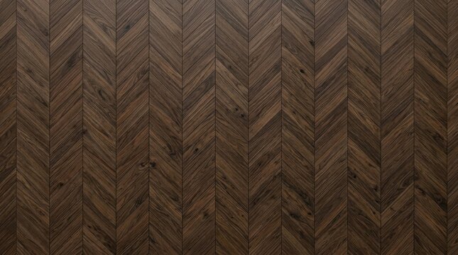 Chevron Pattern Wood Flooring Surface of Dark Brown Walnut Planks Creating a Repeating Zigzag Design.