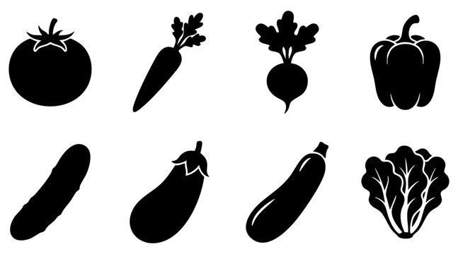 Set of black vegetable icons including tomato carrot beet bell pepper cucumber and eggplant