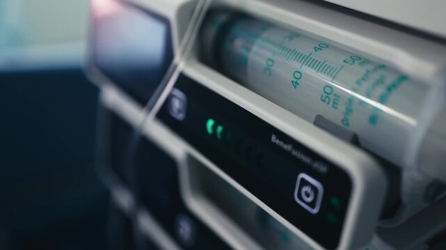 Syringe infusion pump operating in an operating room or intensive care unit. The system controls medication dosage and infusion rate.