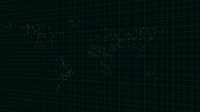 Global earth world map animation displays tiny blue dots on dark grid. Earth world map global network interface features digital tech lines. World map animation is sleek.
