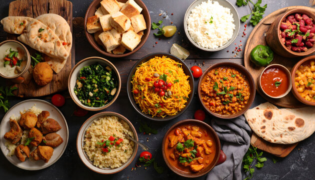 International food table featuring colorful global cuisine, fresh ingredients, gourmet dining, and culture.