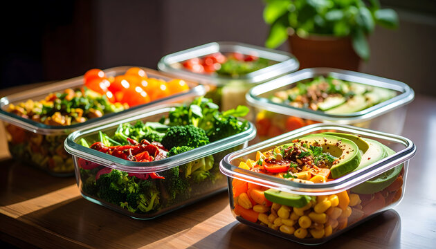 Healthy meal prep containers with fresh food for organized nutrition, fitness, and balanced daily eating.