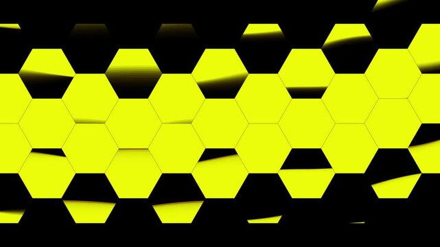 Yellow hexagons abstract animation displays layered 3D shadows on black. Hexagons abstract geometric pattern creates modern mosaic grids. Abstract animation loop is sleek.
