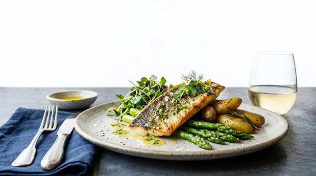 Grilled Fish Fillet With Asparagus Roasted Potatoes and Fresh Salad