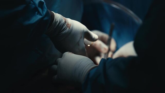 Surgical team performs precise instrument manipulations during an operation. Close-up view of the sterile surgical field and doctors&rsquo; hands.