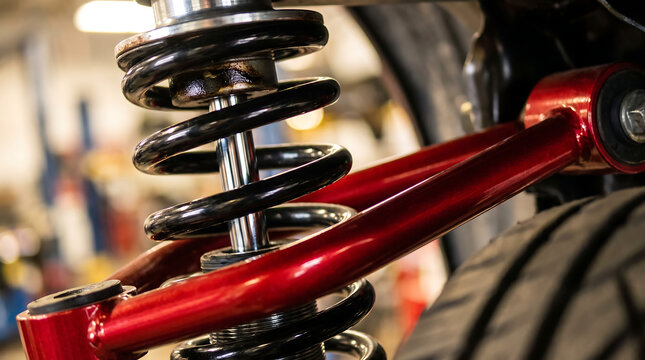 Close-up of a red high-performance car coilover suspension system with black springs in an auto repair workshop coilover suspension automotive performance mechanic