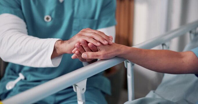 Nurse, patient or holding hands with empathy on hospital bed for understanding, comfort or treatment. People, doctor or sympathy with touch or support for medical assistance or nursing in clinic