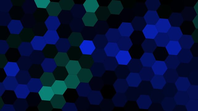 Dark blue hexagons abstract animation displays teal geometric grid. Hexagons abstract background pattern features modern dark mosaic art. Abstract animation loop is clean.