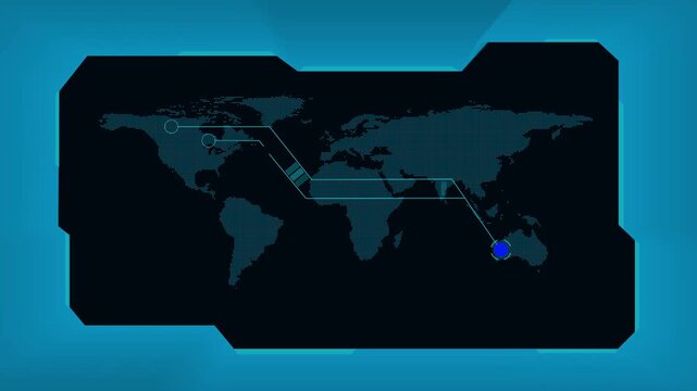 World map digital interface animation features blue data visuals. Map digital interface technology screen showcases global network grids. Interface animation loop is sleek.