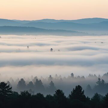 A thick layer of atmospheric haze obscures the distant landscape, creating a diffused, ethereal background texture and low visibility conditions ,backdrop ,empty space ,abstract