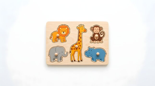 Wooden animal puzzle with lion giraffe monkey elephant and hippopotamus on white background