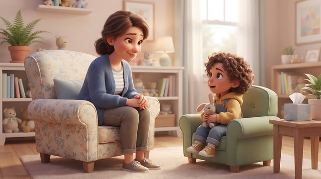 3D Illustration of a Caring Female Therapist or Mother Talking with a Young Child in a Warm Cozy Room