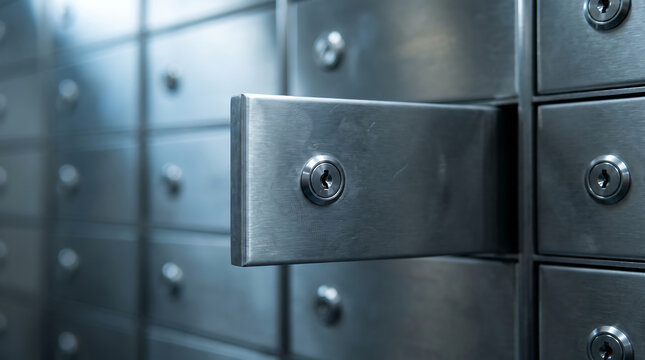 One open metal safety deposit box door in a bank vault wall rows of private storage lockers for secure asset protection with security valuables protection business