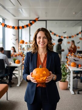 Smiling businesswoman in a navy suit holds a carved jack-o&rsquo;-lantern at chest level in a decorated open office during a corporate Halloween celebration.