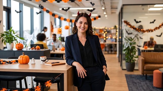 Businesswoman wearing a small red devil horns headband leans beside a table in a Halloween-decorated office, mixing polished corporate style with playful seasonal workplace energy.