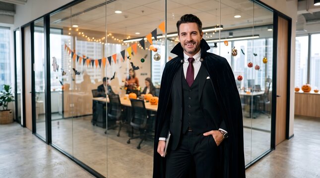 Businessman in a formal suit and vampire cape standing outside a glass meeting room decorated for Halloween, suited for seasonal leadership and corporate culture campaigns.