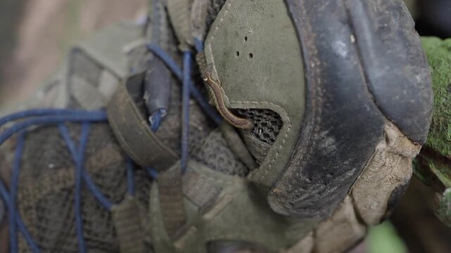 Land leech on a men hiking sandal the upper is made of olive green mesh.