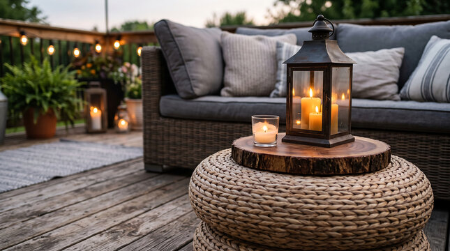 Cozy outdoor patio lounge area with vintage lantern and candles at twilight furniture lighting atmosphere cushions tranquil lifestyle backyard homestead